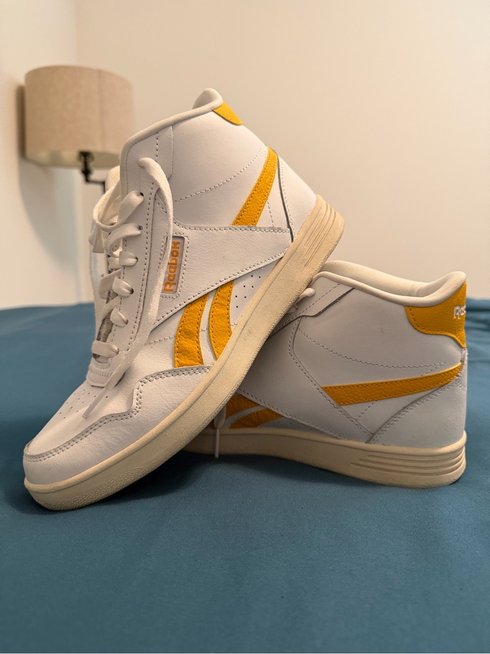 Reebok White and Yellow High-Top Sneakers- size 8.5